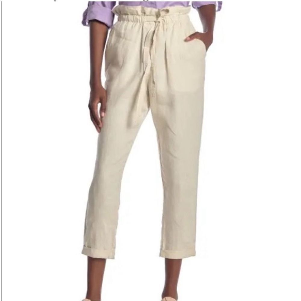 Donna Karan Womens Paperbag Waist Cuffed Linen Pants Morning Dew Medium NWT